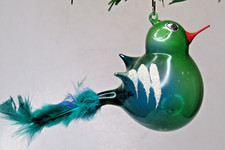 Vintage Glass Annealed Wings Real Feather Tail BIRD Christmas Ornament Italy picture