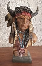 Vintage Hand-Painted Native American Chief Resin Bust Buffalo Horn Decor picture