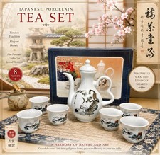 VTG Japanese 8 Piece Porcelain Tea Set Sake Set Crane Design Decanter Teapot picture