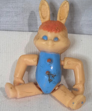 Vtg 1960's Jointed Bunny Rabbit Hard Plastic Blue Romper Figure Hong Kong 3'' picture