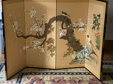VTG Gold Japanese Byobu Folding Screen 4 Panel Bird/Flower/ Plum Blossom Signed picture