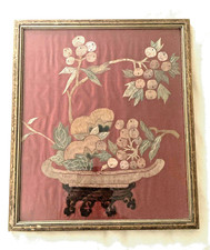 Vtg Japanese Still Life - Hand Embroidered On Red Silk - 11
