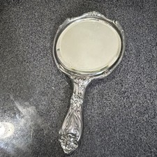 Antique Pewter Art Nouveau Victorian Boudoir Lady Floral Handle Vanity Mirror picture