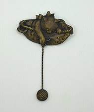 Vintage JJ Jonette Cat Kitten in Yarn Basket Brooch Dangling Ball Signed Pin picture