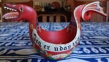 Antique Red Norwegian Wood Rosmaling Dragon-Style Kjenge, or Ale Bowl picture