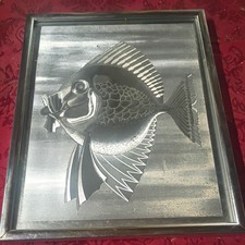 VINTAGE MID CENTURY Silver Etched Framed Fish Vintage MCM 10 BY 12 WALL ART. picture