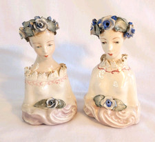 2 Vtg Cordey Cybis Porcelain Lady Bust Figurines Blue Floral Headress #5005 picture