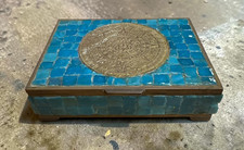 Vintage Brass Mexican Handmade Mosaic Trinket Box Aztec Calendar picture