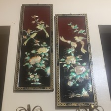 Vintage Chinese Lacquer Wall Panels Pair, Mother-of-Pearl Inlay Birds & π picture