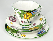ANTIQUE English 3 pc cup saucer plate floral bone china green yellow pink blue picture