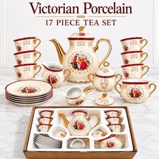VTG Victorian Style Fine Porcelain Tea Set 17 Piece Set With Gold Trim Handles picture