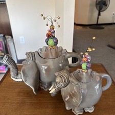 SWAK Lynda Corneille Elephant Teapot Sugar Bowl with Bird Lid Parrot Collectible picture