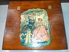 Wooden Rectangular Hinged Lidded Trinket Box, Stained Vintage Ladies Art picture