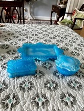 Vintage Blue Opalescent Slag Glass Vanity Set Milk Glass picture