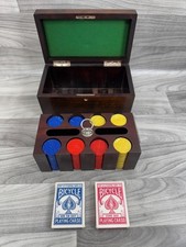 VINTAGE WOOD BOX POKER SET CARDS CHIPS BICYCLE NEW FAN BACK / LEAGUE - BAKELITE picture