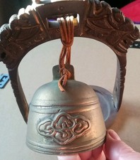 VTG Asian Hanging Temple Bell Brass Bell on Flat Stand LastingTone Ornate Design picture