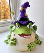 Rare Fitz and Floyd Spell Bound Frog Wizard Cookie Jar with Wand, Excellent picture