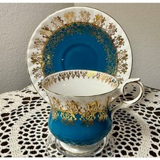 Vintage Elizabethan Teal Blue Gold Filigree Teacup Saucer Set English Bone China picture