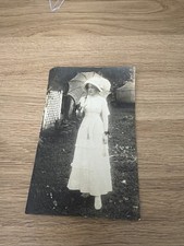 1911 RPPC Woman White Dress Parasol Edwardian Antique Real Photo Postcard picture