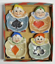 Vintage Art Deco Pierrot Clown Card Suit Bridge Dishes Trays Set Boxed 1930s picture
