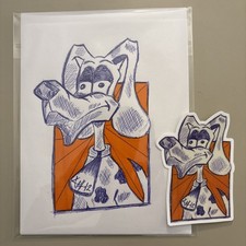 6x8 Original Art W/Ball Point Pen & Sticker - Blue Dog Orange Background picture