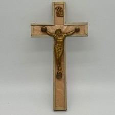 Vintage MCM Pearloid Celluloid Crucifix Wall Cross Gold Brass Jesus Corpus INRI picture