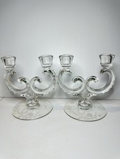 Vintage Etched Glass Double Candlestick Holders Pair Floral Depression Era picture