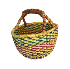Bolga African Ghana Market Basket Leather Wrapped Handle 8x8.25x6.5 Green Purple picture