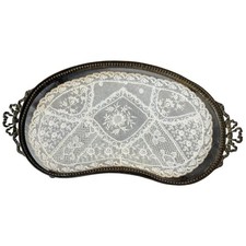 Vintage French Brass Glass Lace Vanity Tray Kidney Shaped Bow Ormolu 13-1/2