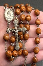 Vintage Carved Wood Bead Rosary Miraculous Medal Crucifix Silver Tone 28” picture