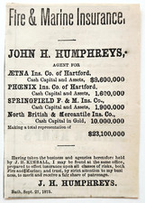1876 John Humphrey Fire & Marine Insurance Advertisement Bath Maine Agent picture