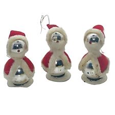 3 Mercury Glass Balls Felt Mica Snowman Santa Figurine Chenille Vtg 3