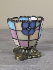 Vintage PartyLite Floral Stained Glass Votive Tea Light Candle Holder ~4” - Read picture