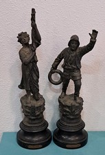Antique French Spelter Statue Pair Au Secours & Le Sauveteur Fisherman Rescue picture