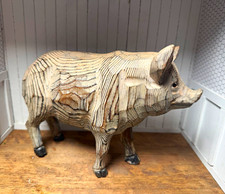 Carved Wooden Pig Figurine Statue Rustic Farmhouse folkart decor picture