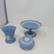 Vintage Wedgwood Blue Jasperware 3-Piece Set Footed Compote, Vase & Trinket Box picture