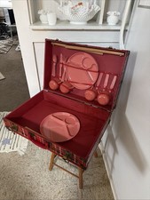 VTG Red Plaid Lithograph Tin Picni Table Suitcase Gothamware Serving Set RARE picture