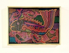 Vintage Framed Panama Kuna Mola Textile Folk Art Tropical Fish Gold Frame 16x12 picture