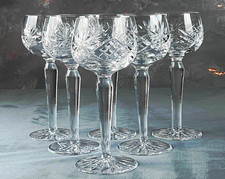 Set of 6 Vintage Cut Crystal Wine Glasses Goblets Faceted Stem Starburst 19cm picture