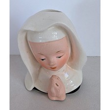 Vintage Ceramic Nun Head Vase Praying Hands 50s 60s Mid Century Religious Decor picture