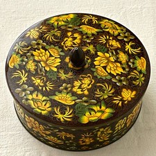 Vintage English Floral Metal Tin Container Lid Knob Chrysanthemum Mallow Flower picture