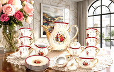 VTG Victorian Style Fine Porcelain Tea Set 17 Piece Set With Gold Trim Handles picture