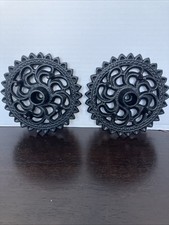 VTG Pair Robert Emig Cast Iron Candle Holders #1489 Gothic Sunburst Trivet Black picture