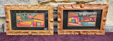 Vintage Mexican Pair of Straw Popotillo Carved Wood Frames Village Scene Art picture