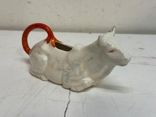 Antique 1930s Czechoslovakia Ceramic Cow Creamer Figural Pitcher Orange Handle picture