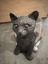 Vintage 1984 Metzke Pewter Cat Votive Candle Holder w/ Glass Cup Kitty 4” picture