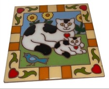 Vintage cute Italy Ceramic Tile Trivet Cat Decor picture