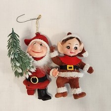 2 Vintage Flocked Santa with Tree and Elf **FLAW**Christmas Ornaments Retro MCM picture