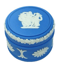 Wedgewood England 3 Ladies White Blue Jasperware Mini Round Trinket Box 1-1/4