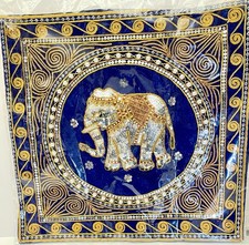 Elephant Blue Pillow Case Cover Thai Burmese Embroidered Bead Sequins 17” X 17” picture